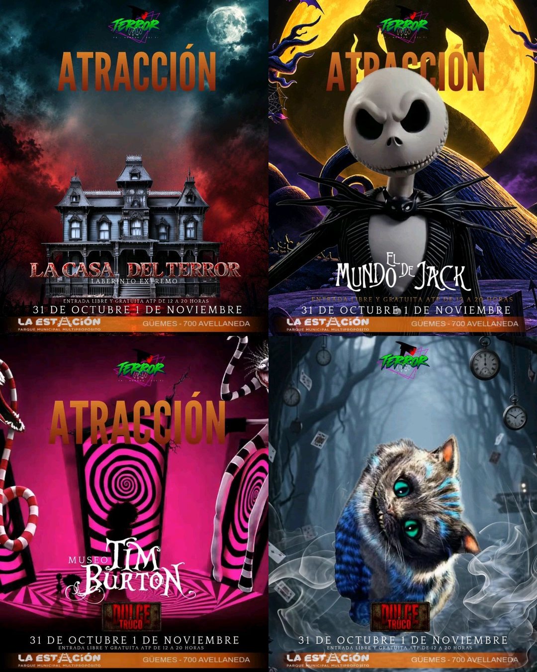 Flyers de las atracciones de Terror Fan: La Casa del Terror, El mundo de Jack, Museo Tim Burton y Alicia